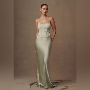 Meshki Sage Green Strapless Peplum Gown